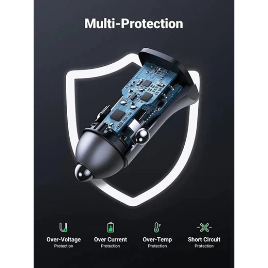 Auto punjač UGREEN, 24W, USB C, USB A, Power Delivery, QuickCharge, srebrni