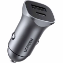 Auto punjač UGREEN, 24W, USB C, USB A, Power Delivery, QuickCharge, srebrni