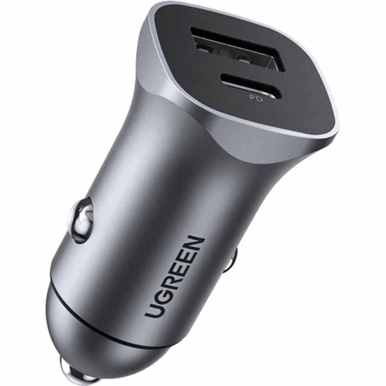 Auto punjač UGREEN, 24W, USB C, USB A, Power Delivery, QuickCharge, srebrni