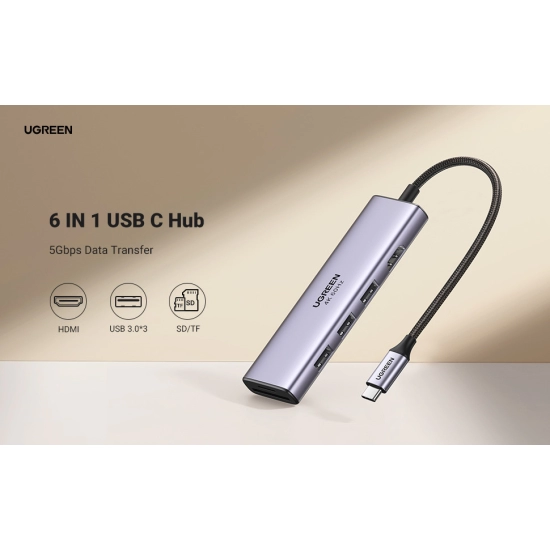 USB HUB UGREEN, USB-C na 3x USB 3.0 A, HDMI 4K@60Hz, SD/TF 