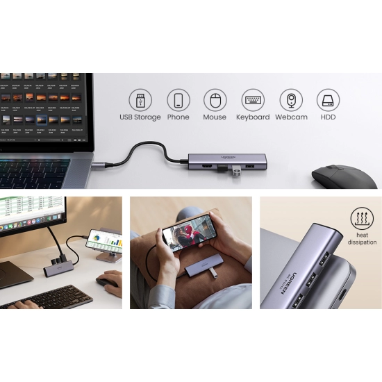 USB HUB UGREEN, USB-C na 3x USB 3.0 A, HDMI 4K@60Hz, SD/TF 