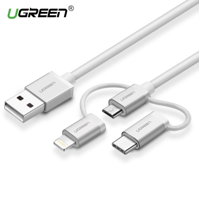 Kabel UGREEN, USB 2.0 A na Micro USB+Lightning+Type C (3 in 1), srebrni, 1.5m   - Kabeli i adapteri