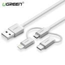 Kabel UGREEN, USB 2.0 A na Micro USB+Lightning+Type C (3 in 1), srebrni, 1.5m