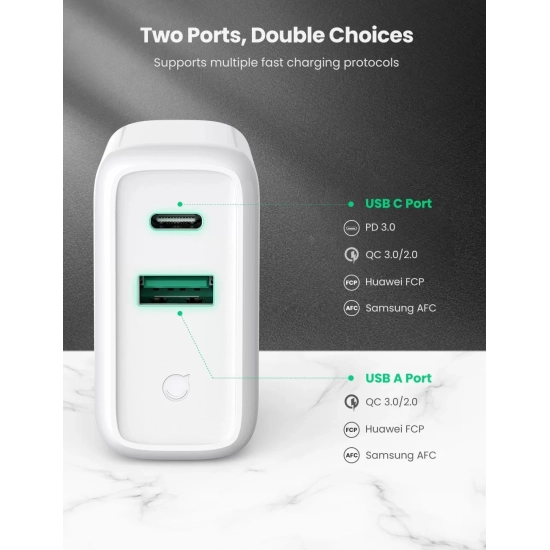 Kućni punjač UGREEN, 38W, USB A, USB C, bijeli