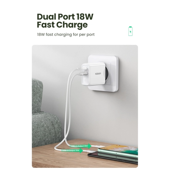Kućni punjač UGREEN, 38W, USB A, USB C, bijeli