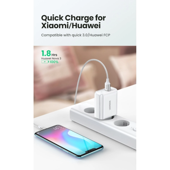 Kućni punjač UGREEN, 38W, USB-A+USB-C, bijeli