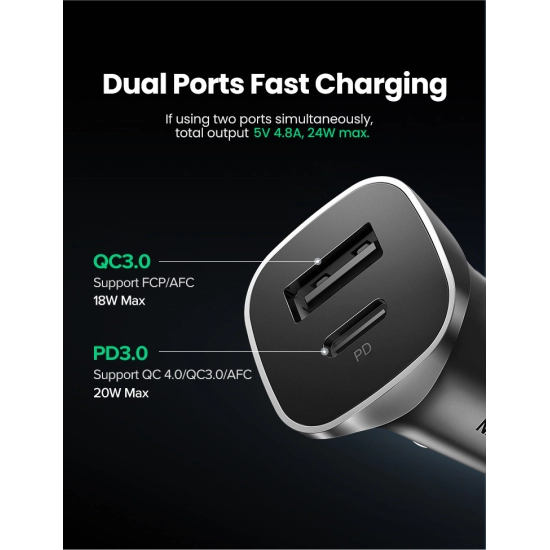 Auto punjač UGREEN, 30W, USB-C PD+USB-A, sivi