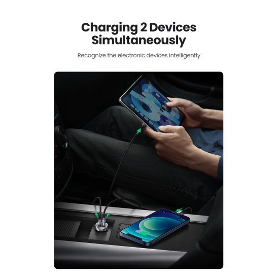 Auto punjač UGREEN, 30W, USB C, USB A, Power Delivery, sivi
