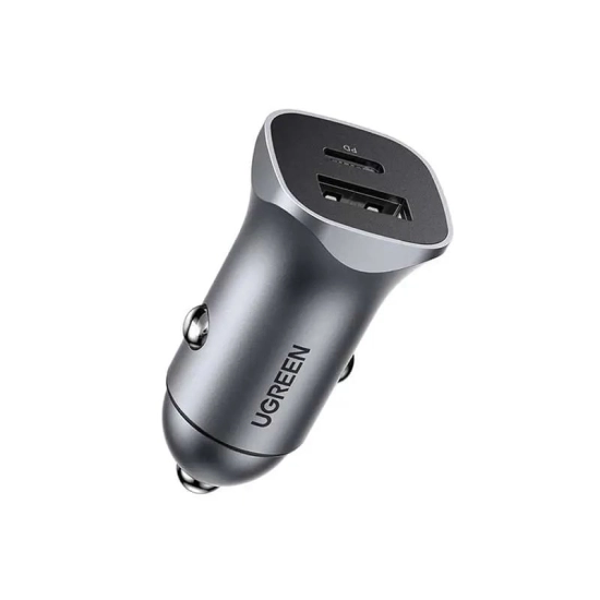 Auto punjač UGREEN, 30W, USB C, USB A, Power Delivery, sivi