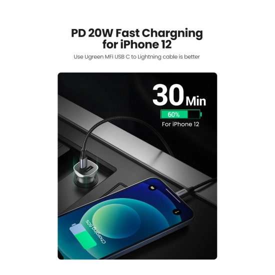 Auto punjač UGREEN, 30W, USB C, USB A, Power Delivery, sivi