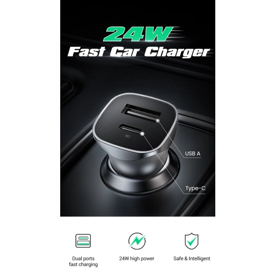 Auto punjač UGREEN, 30W, USB C, USB A, Power Delivery, sivi