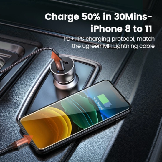 Auto punjač UGREEN, 52.5W, USB-C PD+USB-A QC, sivi