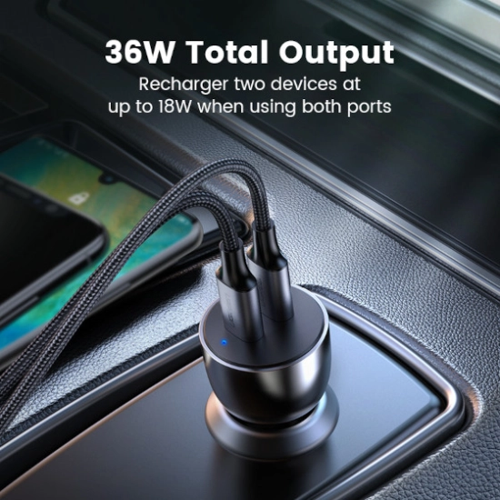 Auto punjač UGREEN, 60W, USB C, USB A, Power Delivery, Quick Charge, sivi Auto punjač UGREEN, 60W, USB C, USB A, Power Delivery, Quick Charge, sivi
