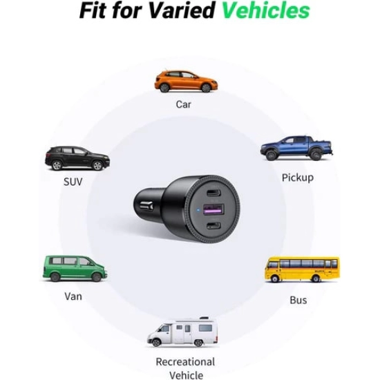 Auto punjač UGREEN, 69W, 2xUSB-C PD+USB-A, sivi