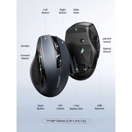 Miš UGREEN, bežični, ergonomski, 4000 DPI, crni Miš UGREEN, bežični, ergonomski, 4000 DPI, crni