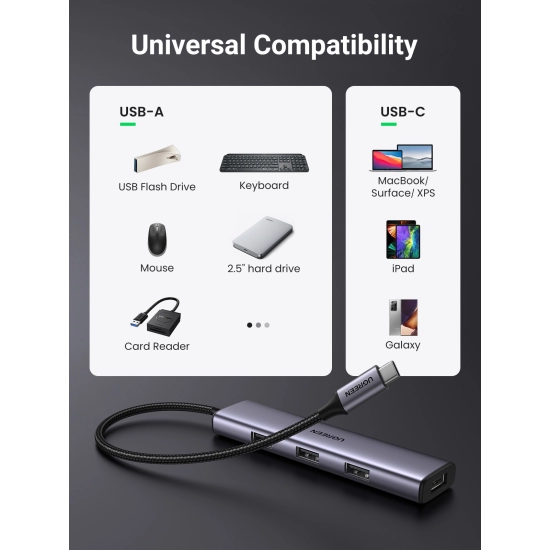 USB HUB UGREEN, USB-C 3.0, 4 portni, sivi