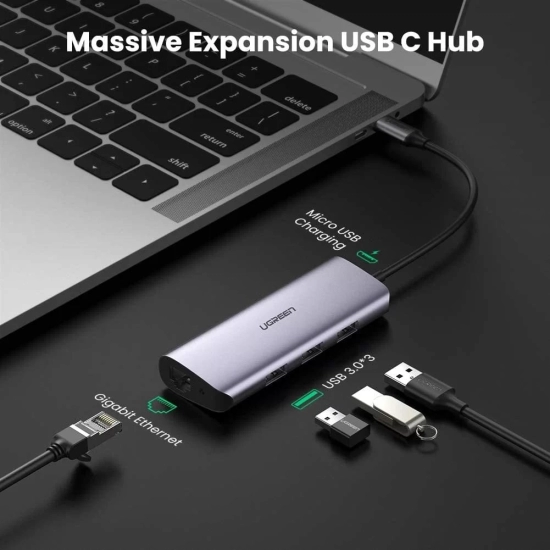USB HUB UGREEN, USB-C na 3xUSB 3.0 A i 1xRJ45, sivi