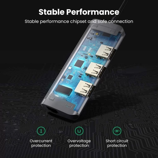 USB HUB UGREEN, USB-C na 3xUSB 3.0 A i 1xRJ45, sivi