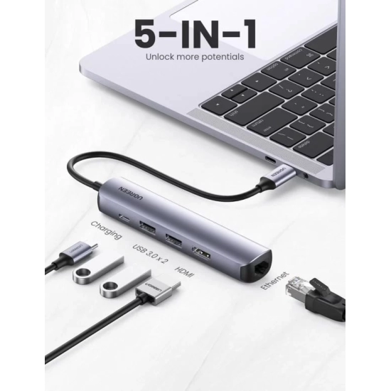 USB HUB UGREEN, USB-C na 2xUSB 3.0 A, HDMI, RJ45, PD