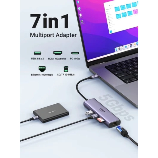 USB HUB UGREEN, USB-C na 2xUSB 3.0, HDMI, RJ45, SD&TF, PD 4K 60Hz