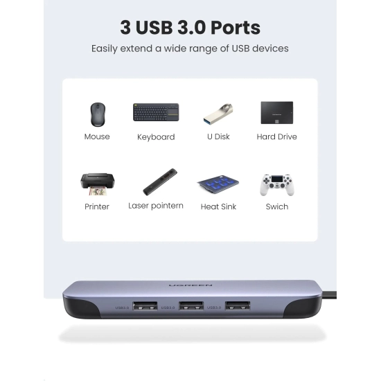 USB HUB UGREEN, USB-C na 3xUSB3.0, HDMI, VGA, RJ45 GB, SD&TF, PD, prik. za napajanje, sivi