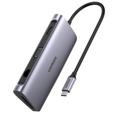 USB HUB UGREEN, USB-C na 3xUSB 3.0, HDMI, VGA, RJ45 Gigabit, SD&TF, PD port, sivi   - Hlađenja, stalci, docking i USB hubovi