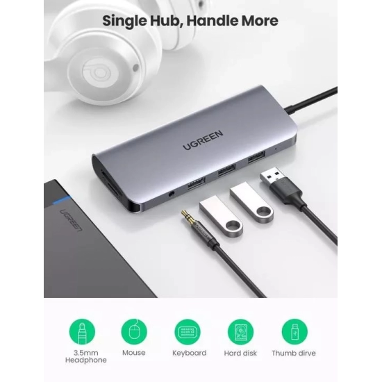 USB HUB UGREEN, USB-C na 3xUSB 3.0 A, HDMI, VGA, RJ45 Gigabit, SD/TF, AUX3.5mm, PD, sivi