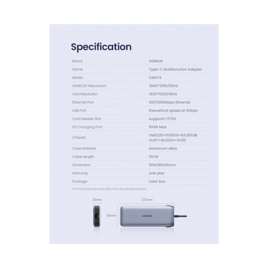 USB HUB UGREEN, USB C na 2x USB A 3.0, HDMI, VGA, DP, RJ45 Gigabit, SD/TF, Power Delivery, sivi USB HUB UGREEN, USB C na 2x USB A 3.0, HDMI, VGA, DP, RJ45 Gigabit, SD/TF, Power Delivery, sivi