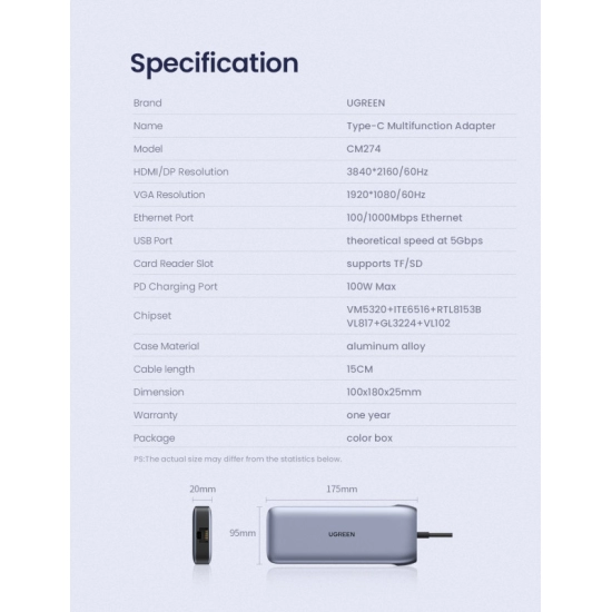 USB HUB UGREEN, USB-C na 2xUSB 3.0 A, HDMI, VGA, DP, RJ45 Gigabit, SD/TF, PD, sivi