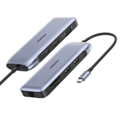 USB HUB UGREEN, USB-C na 2xUSB 3.0 A, HDMI, VGA, DP, RJ45 Gigabit, SD/TF, PD, sivi   - Listopad u Chipoteci