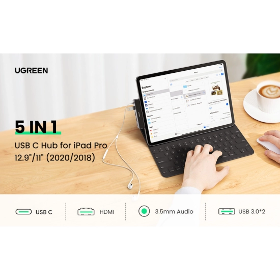 USB HUB UGREEN, USB-C na 2xUSB 3.0, HDMI, 3.5mm, PD sivi