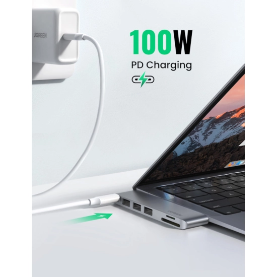 USB HUB UGREEN, Dual USB C na 3x USB A 3.0, TF/SD, USB C (Ž), za MacBook Pro/Air, sivi USB HUB UGREEN, Dual USB C na 3x USB A 3.0, TF/SD, USB C (Ž), za MacBook Pro/Air, sivi
