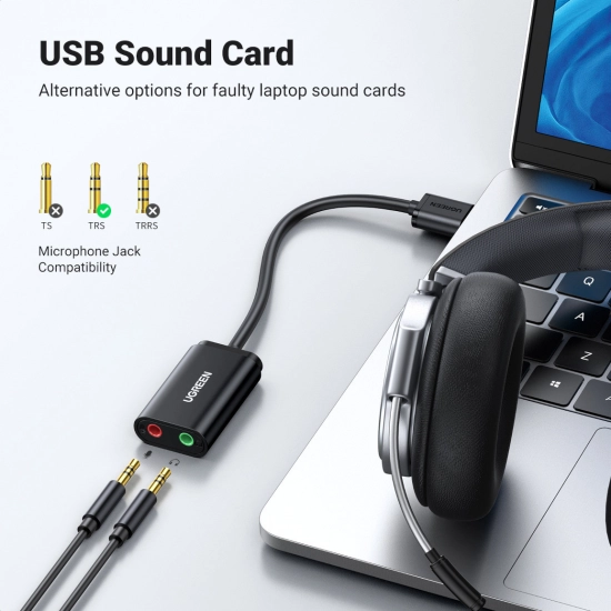 Adapter UGREEN, USB A (M) na 2x 3.5mm (Ž), crni, 20cm Adapter UGREEN, USB A (M) na 2x 3.5mm (Ž), crni, 20cm