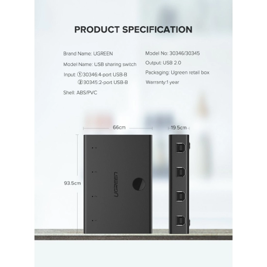 Data Switch UGREEN, USB 2.0 4x1, crni