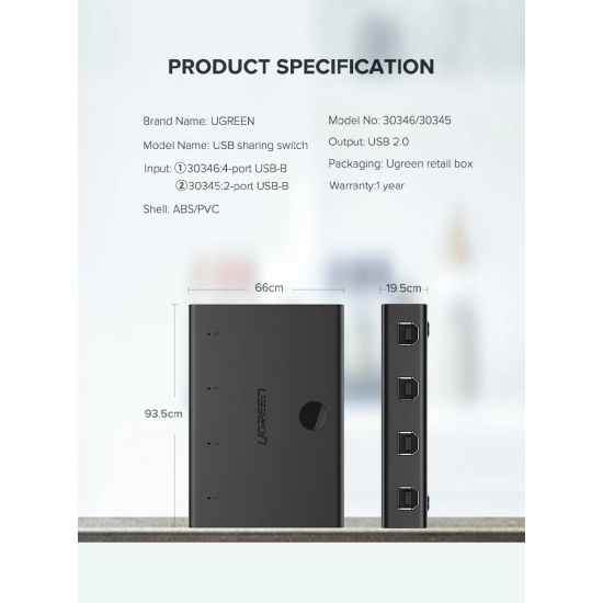 Data Switch UGREEN, USB A 2.0 na 4x USB B, crni Data Switch UGREEN, USB A 2.0 na 4x USB B, crni