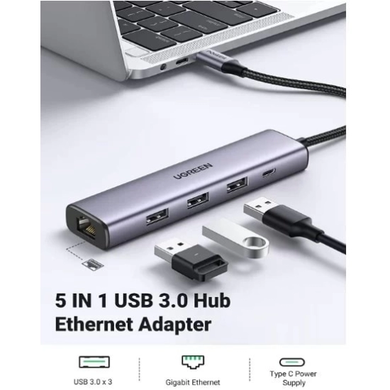 USB HUB UGREEN, USB 3.0 na Gigabit + 3xUSB 3.0 sa USB-C Power Port USB 3.0, 1000Mbps