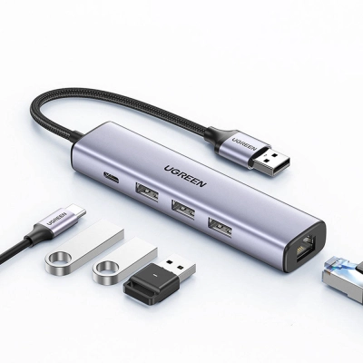 USB HUB UGREEN, USB A 3.0 na USB C, 3x USB A 3.0, RJ45, sivi    - Hlađenja, stalci, docking i USB hubovi