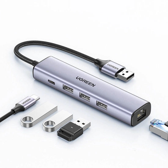 USB HUB UGREEN, USB A 3.0 na USB C, 3x USB A 3.0, RJ45, sivi USB HUB UGREEN, USB A 3.0 na USB C, 3x USB A 3.0, RJ45, sivi