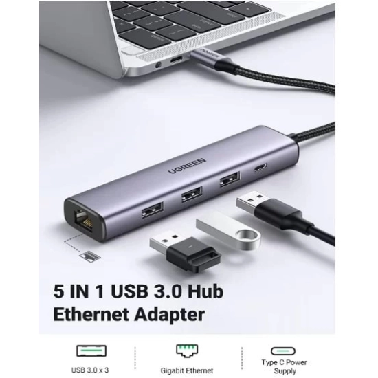 USB HUB UGREEN, USB A 3.0 na USB C, 3x USB A 3.0, RJ45, sivi USB HUB UGREEN, USB A 3.0 na USB C, 3x USB A 3.0, RJ45, sivi