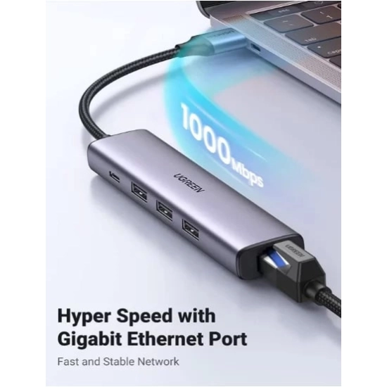 USB HUB UGREEN, USB A 3.0 na USB C, 3x USB A 3.0, RJ45, sivi USB HUB UGREEN, USB A 3.0 na USB C, 3x USB A 3.0, RJ45, sivi