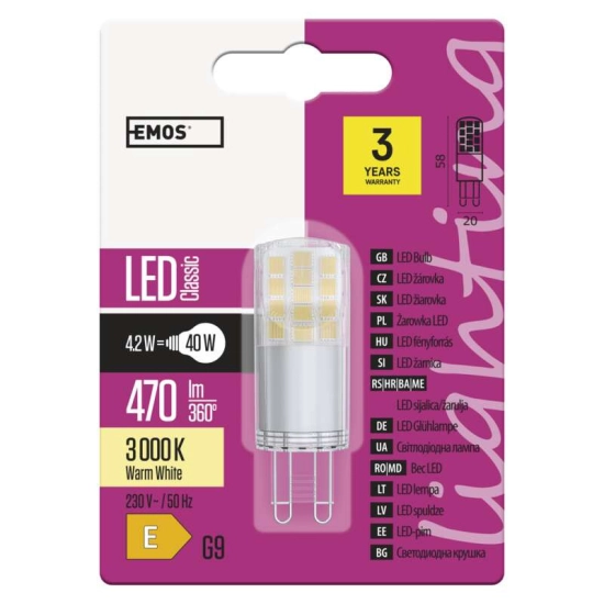 Žarulja LED G9 4,2W, 3000K, toplo svjetlo, EMOS Žarulja LED G9 4,2W, 3000K, toplo svjetlo, EMOS