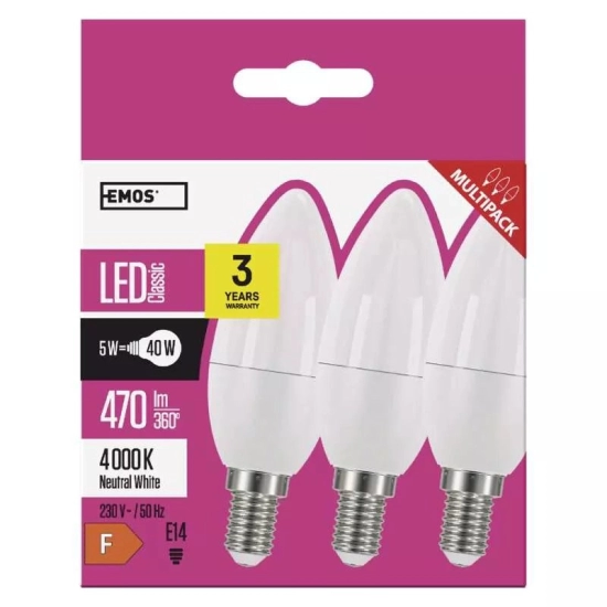 Žarulja LED svijeća E14 5W, 4000K, neutralno svjetlo, set od 3 komada      EMOS