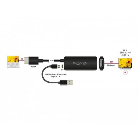 Adapter DELOCK, HDMI-A (M) na DisplayPort 1.2 (Ž) 4K, 24cm, crni