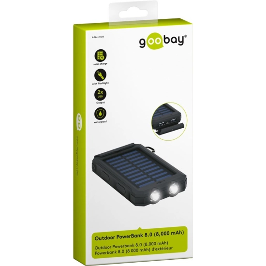Prijenosno napajanje powerbank GOOBAY 8000mAh, 2x USB A 2.0, USB micro B 2.0, Power Delivery,s LED svijetlom i kompasom, solarno punjenje, crni