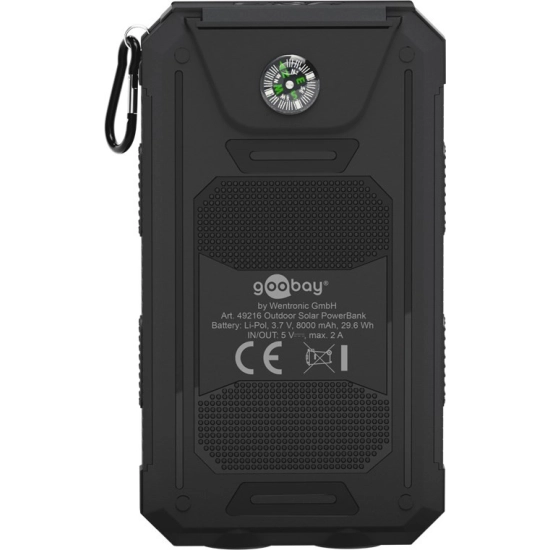 Prijenosno napajanje powerbank GOOBAY 8000mAh, 2x USB A 2.0, USB micro B 2.0, Power Delivery,s LED svijetlom i kompasom, solarno punjenje, crni