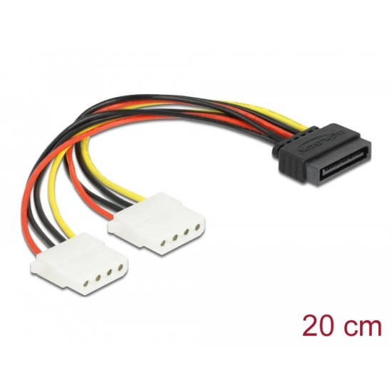 Kabel DELOCK, SATA int. power 15 pin to 2 x 4 pin Molex Ž 20 cm 65159