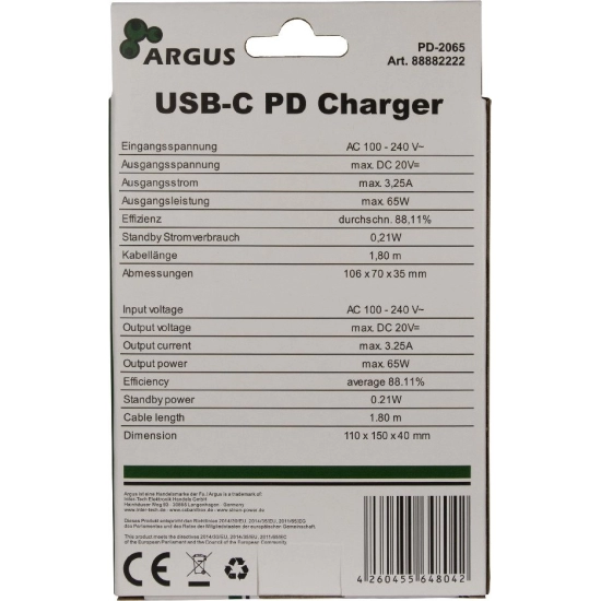 Punjač ARGUS PD-2065, Inter-Tech PD charger, USB-C, 65W