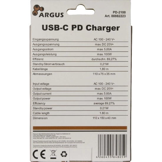 Punjač ARGUS PD-2100, Inter-Tech PD charger, USB-C, 100W