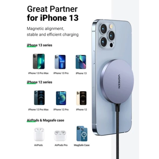 Kućni punjač UGREEN, do 15W, MagSafe, bežični, sivi Kućni punjač UGREEN, do 15W, MagSafe, bežični, sivi