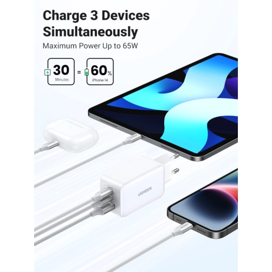 Kućni punjač UGREEN Nexode, 65W, 3-Port, bijeli Kućni punjač UGREEN Nexode, 65W, 3-Port, bijeli